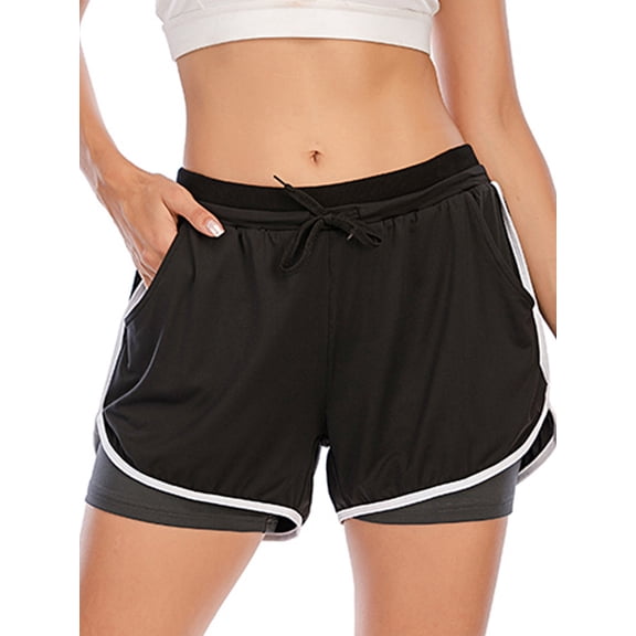 Women 2 in 1 Fitness Running Shorts Athletic Yoga Sport Shorts Elastic Waistband With Pockets