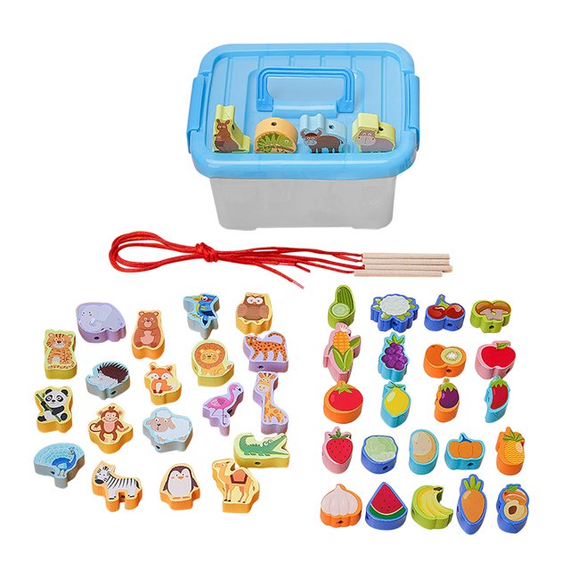 Dibujos animados Cordón de madera Grano Habilidades motoras Habilidades fruta animal perfke juegos de enhebrar cuentas
