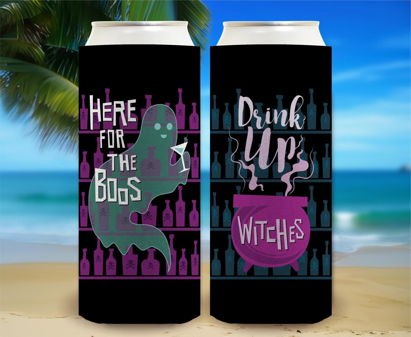 Womens Halloween Party Decorations Drink Up Witches Here For The Boos 2 Sided 6-Pack Ultra Slim Can Drink Sleeves