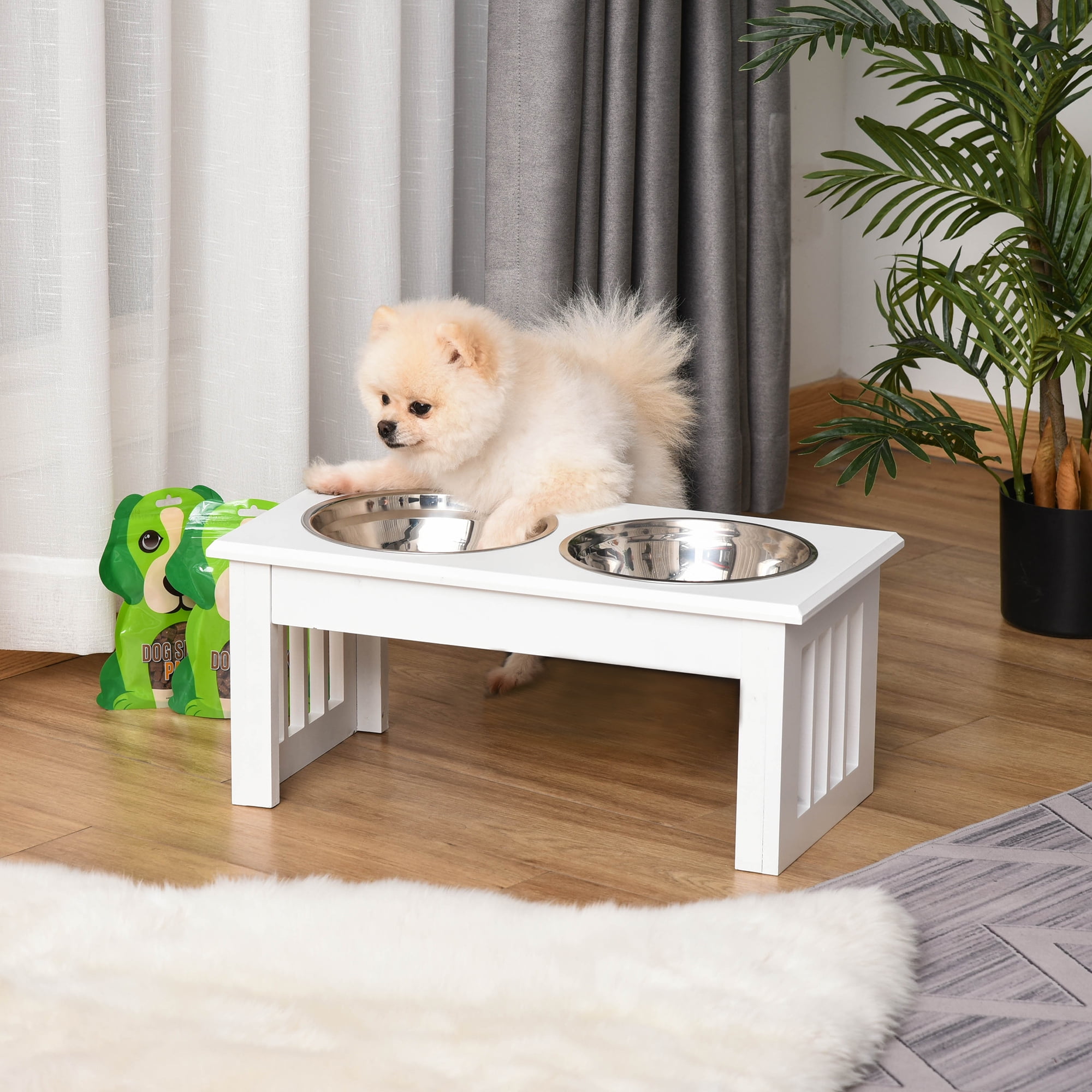 Two Bowl Small Size Elevated Pet Feeder in White with a Chalkboard Front  (W-chalk, 2 bowl 4”)