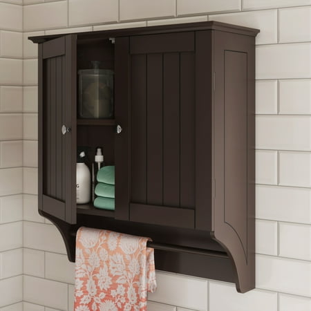 RiverRidge Home Ashland Collection 2 Door Wall Mounted Storage Cabinet with Towel Bar, Espresso