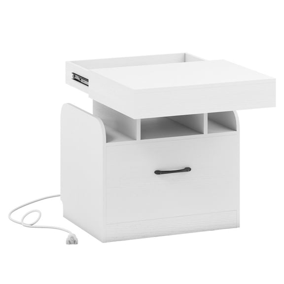 Furnibear Nightstand with Charging Station, Modern Bedside Table with Open Shelf for Bedroom Office, White