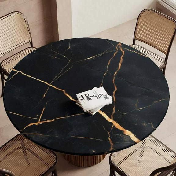 Black Marble Round Fitted Tablecloth with Elastic Round Elastic Tablecloth 45"-50" Fitted Table Cover Waterproof Wipeable Circle Table Cloth for Outdoor Picnic
