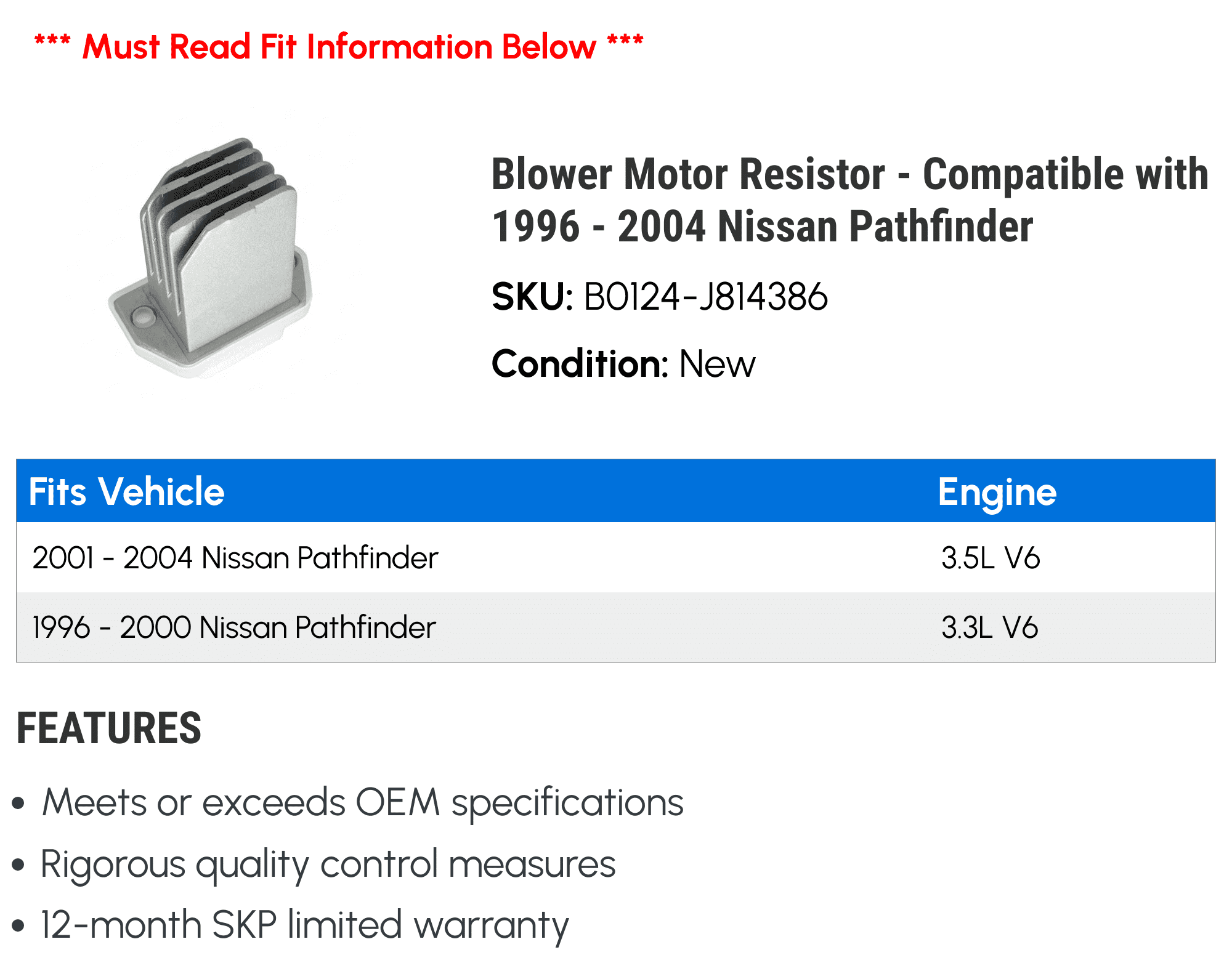Blower Motor Resistor - Compatible with 1996 - 2004 Nissan Pathfinder 1997 1998 1999 2000 2001 2002 2003