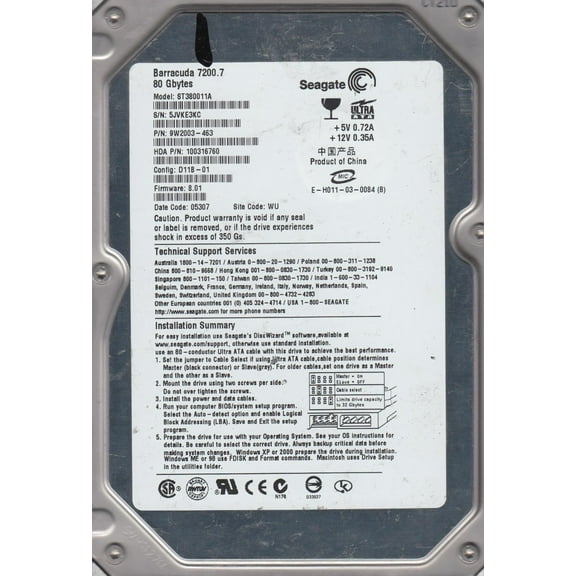 ST380011A, 5JV, WU, PN 9W2003-463, FW 8.01, Seagate 80GB IDE 3.5 Hard Drive