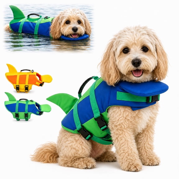 Shark Dog Life Jacket with Chin Float, Adjustable High Buoyancy Puppy Swim Vest with Rescue Handle for Small Medium Large Dogs, Swimming, Boating and Pool Activities