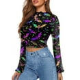 thumbnail image 2 of SCRAWLGOD Halloweern Bats Women Bell Sleeve Tops Mock Neck Shirts Lettuce Trim Tops for Going Out Party Size L Ladies Flared Summer Blouse Long Sleeve, 2 of 7