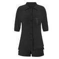 thumbnail image 4 of mihongmao 2 Piece Lounge Set Women Airport Travel Outfit Women's Summer Two Piece Neck Long Sleeve Shirt High Waist Drawstring Large Shorts Casual Set Black L, 4 of 4