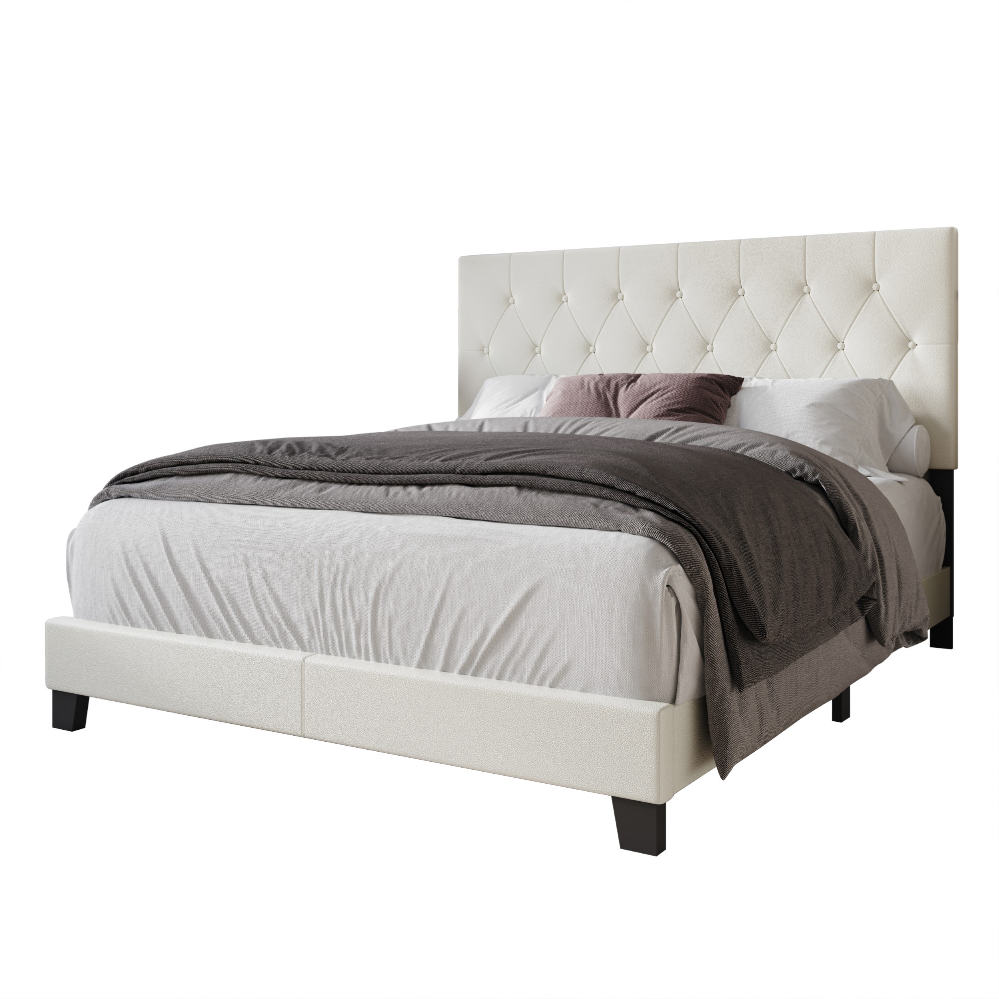 Home Design Boone Queen Tufted Upholstered Panel Bed with Faux Leather and Padded Headboard, White, Easy Assembly