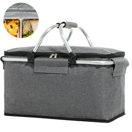 

1 pcs Picnic Basket Portable Collapsible Cooler Bag Grocery Basket with Lid 2 Sturdy Handles Storage Basket for Picnic Food Delivery Take Outs Market Shopping Travel gray F78212