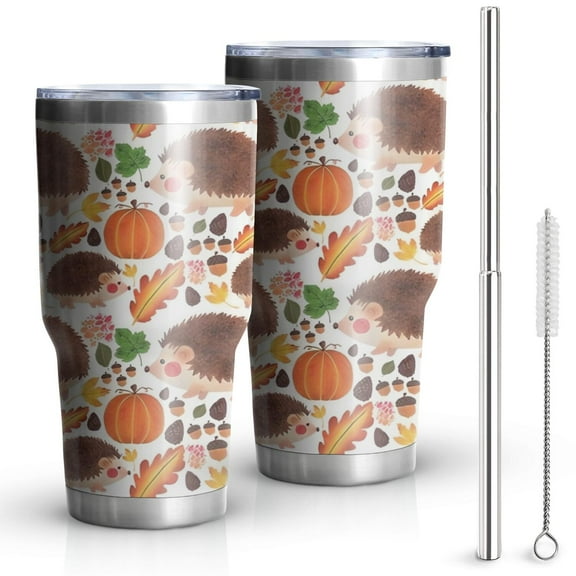 30oz Fall Hedgehog Pumpkin Tumblers Stainless Steel Tumbler with Lid and Straw,Vacuum Insulated Double Wall Travel Tumbler Cups Mug with Cleaning Brush for Coffee,Tea