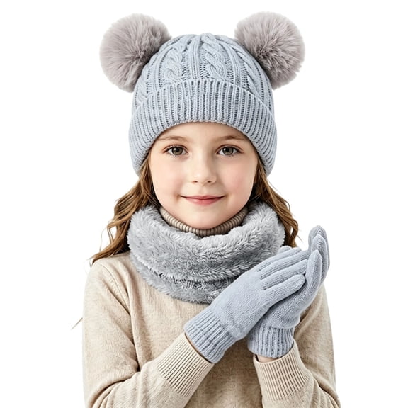 3 Pcs Kids Winter Beanie Hat Scarf Gloves Set Boys Girls Knit Thick Warm Fleece Lined Sets for Outdoor Play Ski Wear Gray 2-10 Years