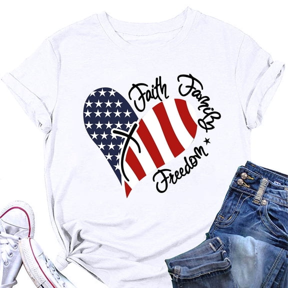 Trendfront Womens Faith Family Freedom Tops 4th of July 250th Anniversary USA Flag Heart Crewneck T-Shirt Short Sleeve Casual Tee for Women