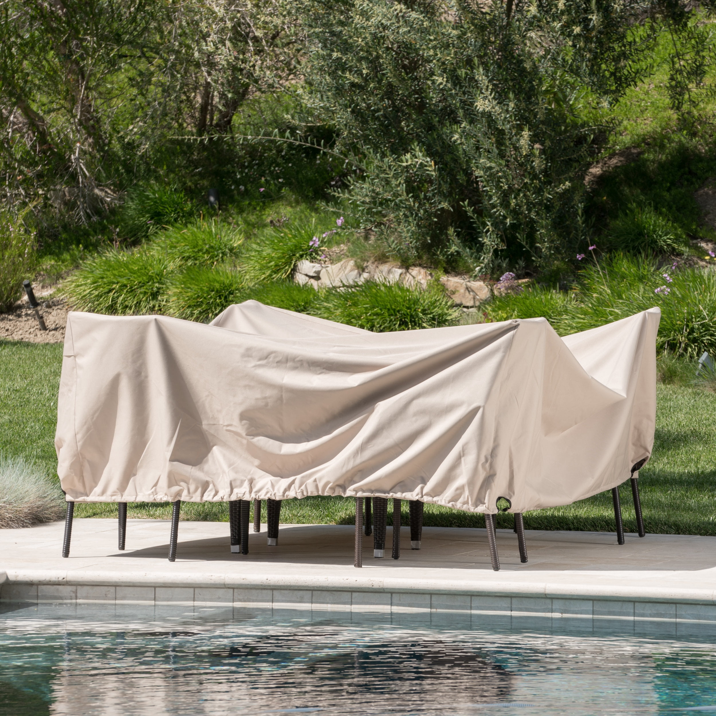 Outdoor Furniture Protective Cover, Waterproof Dining Table Dust Cover for Patio Garden, Beige