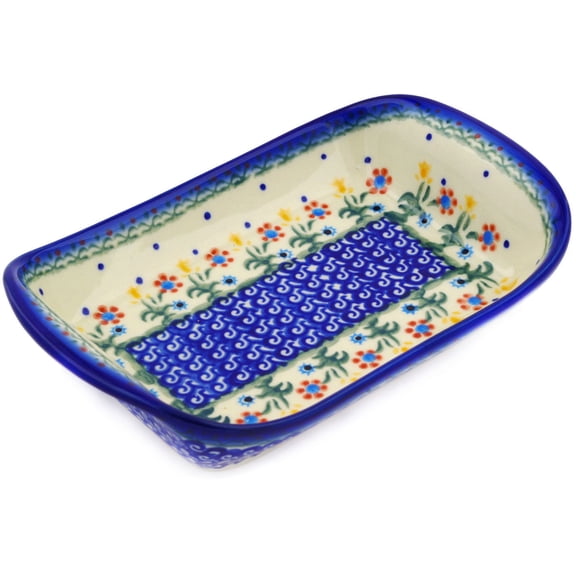 Polish Pottery 8¾-inch Platter with Handles (Spring Flowers Theme) Hand Painted in Boleslawiec, Poland   Certificate of Authenticity
