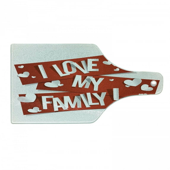 Family Cutting Board, Red Banners with Family Love Message and White Hearts Passionate Illustration, Decorative Tempered Glass Cutting and Serving Board, Wine Bottle Shape, Orange White, by Ambesonne