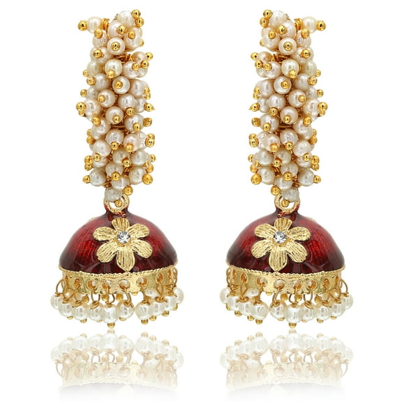 Moonstruck Indian Traditional Golden Meenakari Alloy Jhumkas with White Pearls for Women (Maroon)
