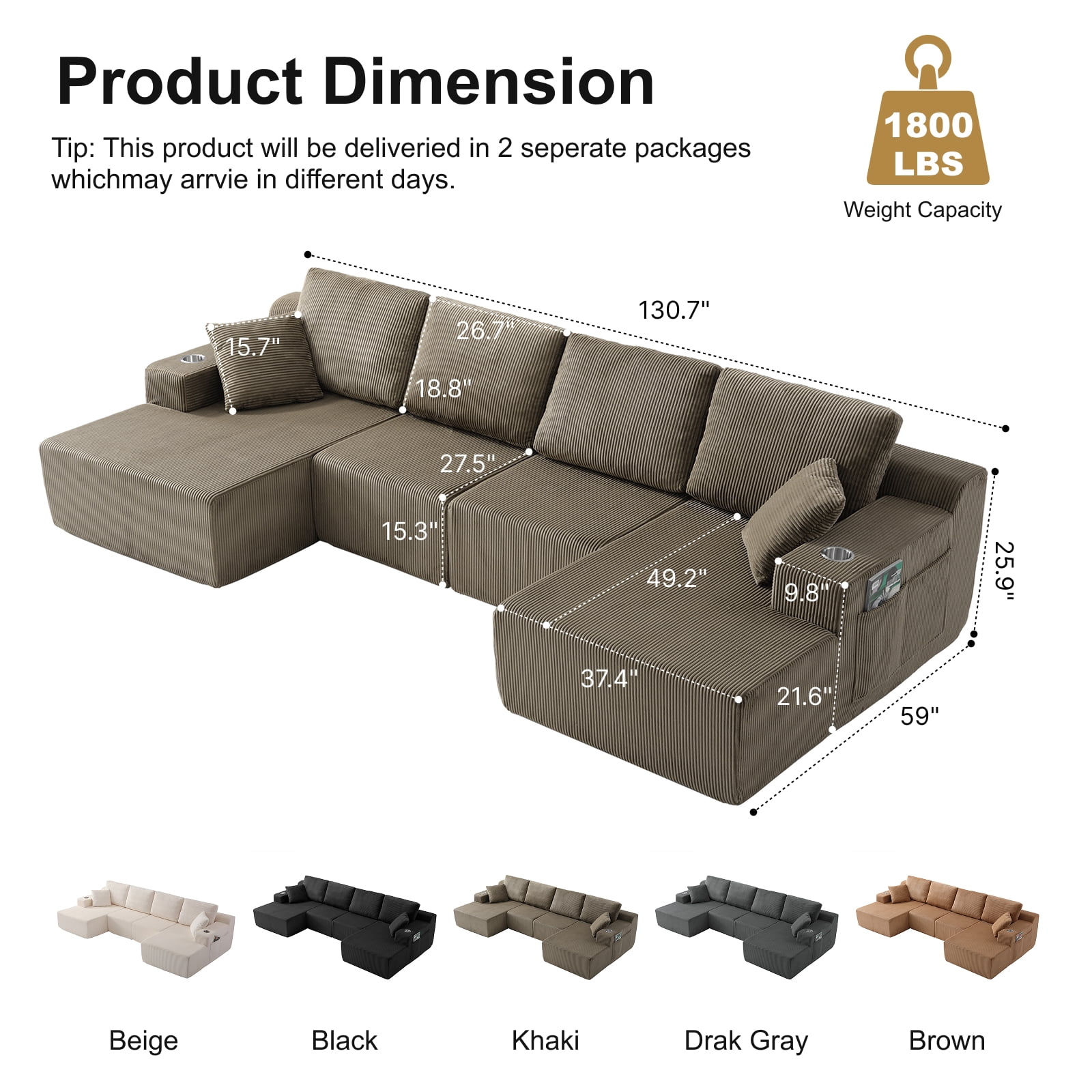 Leumius 130" U Shaped Sectional Couches with Chaise,Modern Deep Seat Boneless Corduroy Cloud Modular Sofa for Living Room,taupe