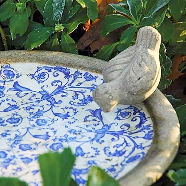 Esschert Design USA Ceramic Birdbath, 12.6 inches, Blue/White