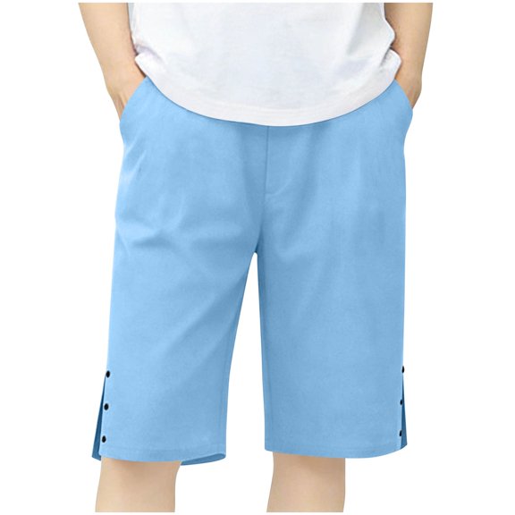 OGLCCG Girls Bermuda Shorts Causal Cotton Linen Elastic Waist Buttons Knee Length Shorts Loose Fit Summer Beach Shorts with Pockets 5-15 Yea