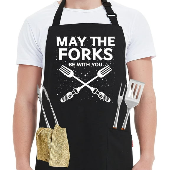 sidao Funny Grill Aprons for Men - May The Forks Be With You - Men’s Funny Chef Cooking Grilling BBQ Aprons with 2 Pockets - Birthday Father’s Day Christmas Gifts for Dad, Husband, Movie Fans