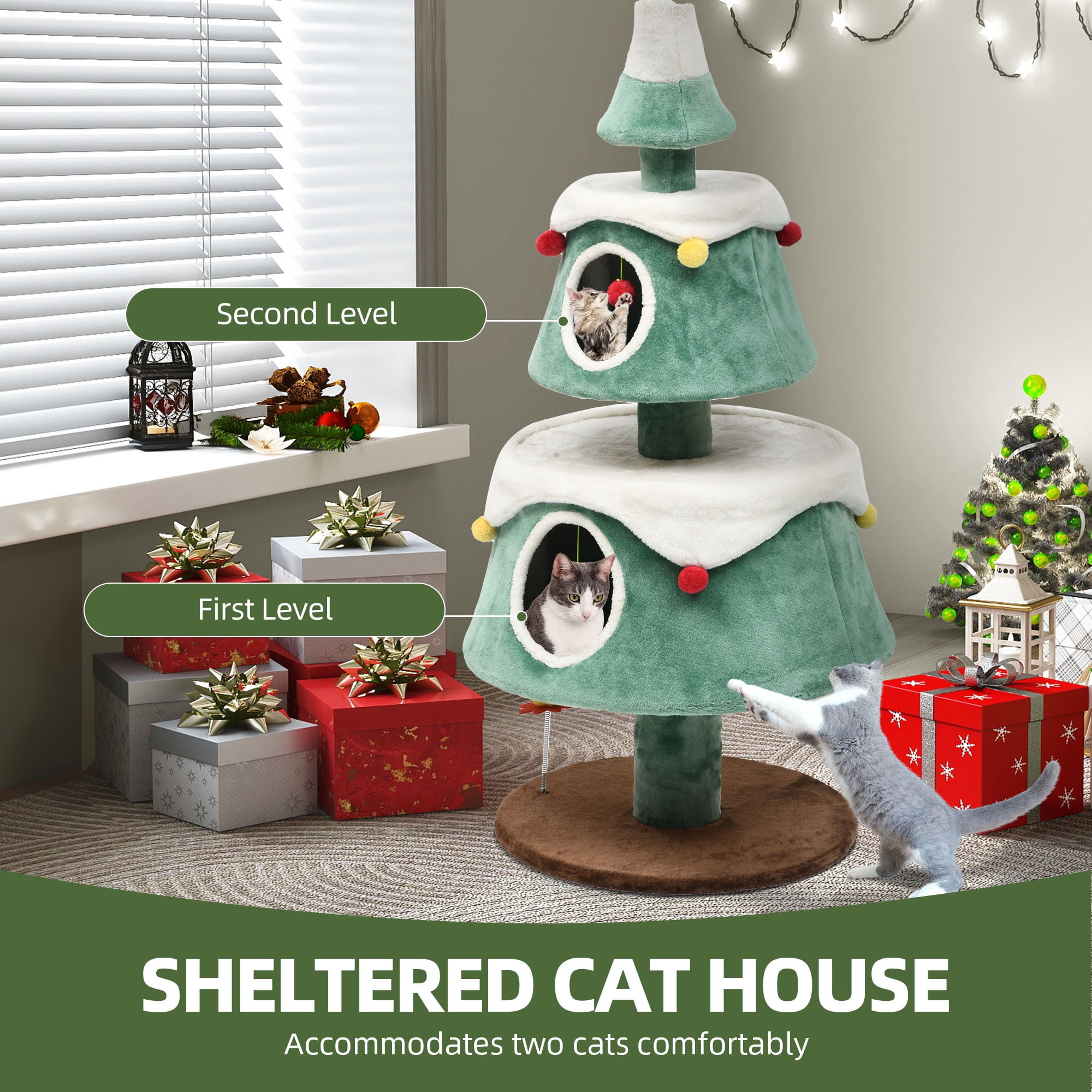 Uforic 63 Inch Festive Multi-Tier Cat Tree Tower with 2 Semi-Closed Rest Condos, Hanging Plush Interactive Toys for Small Medium Cats