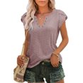 thumbnail image 2 of Tops de verano para mujer, camisa informal de Color puro con cuello en V y mangas de pétalos recortadas de Jacquard para fiesta, oficina y compras, 2 of 5