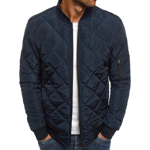 Men Stand Collar Quilted Jackets Solid Casual Zipper Winter Padded Outwear Coats with Pocket Navy 3XL