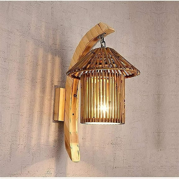 E27 Wooden Bracket Wall Lamp Bamboo Weaving Retro Wall Lantern Hollow-Carved Design Wall Light Wicker Shades Cage Weave Corridor Lights Decor for Living Bedside Bar Cafe