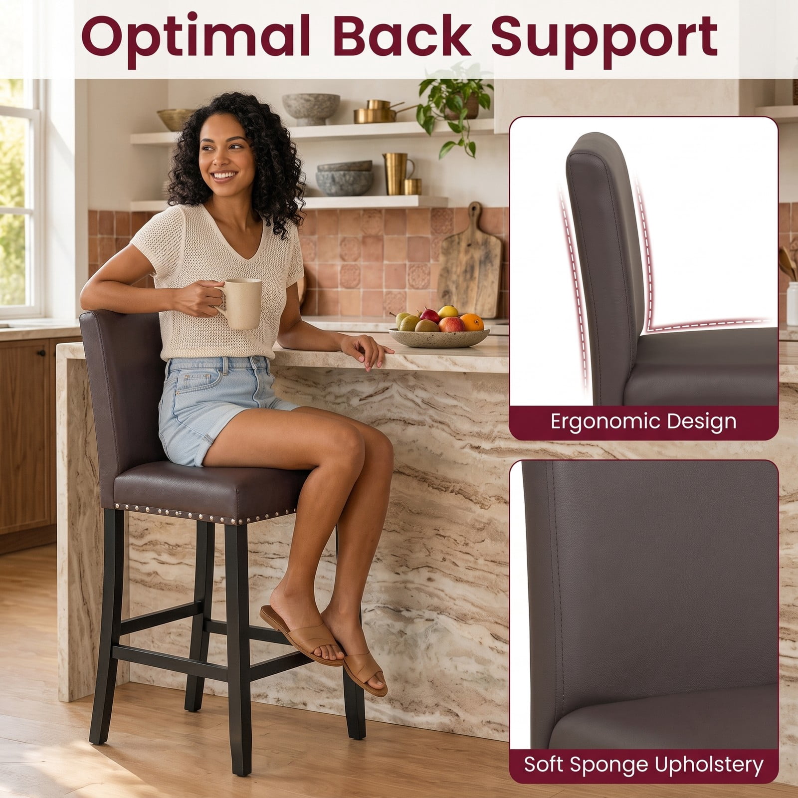 Furnibear Set of 2 Bar Stools with Back for Kitchen Island, 25.5 inch Upholstered Counter Height Barstools with Footrest, Padded Leather Bar Chairs for Dining, Brown