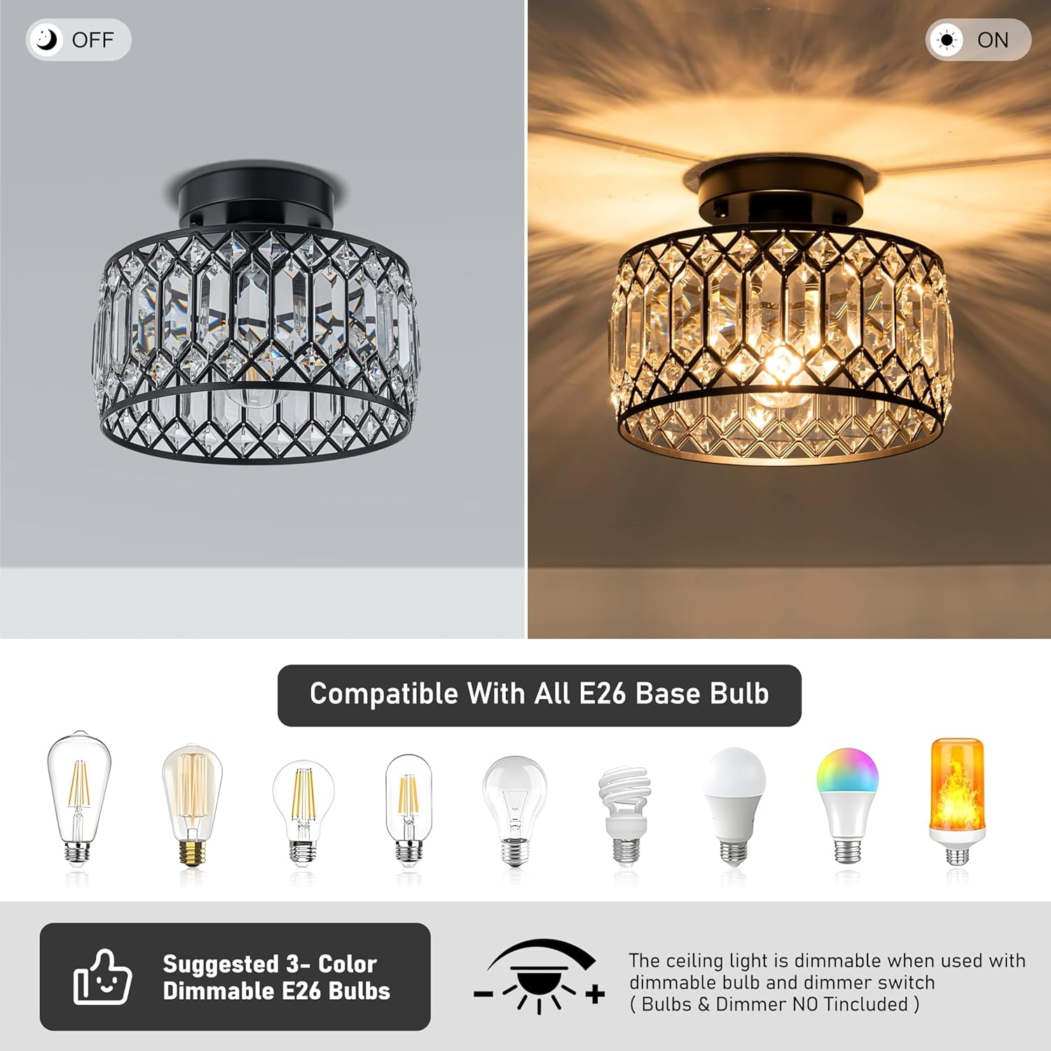 Laybasic Crystal Ceiling Light Fixture, 9" Black Modern Semi Flush Mount Ceiling Light, Mini Chandelier for Kitchen Bedroom Bathroom Entryway Hallway (Bulb not Included)