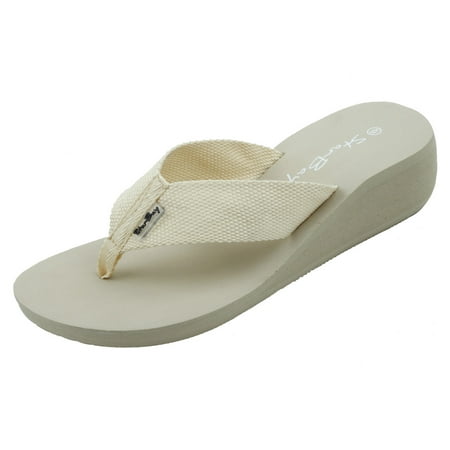 

StarBay Women s Comfort Wedge Canvas Thong Flip Flop Sandal in Beige
