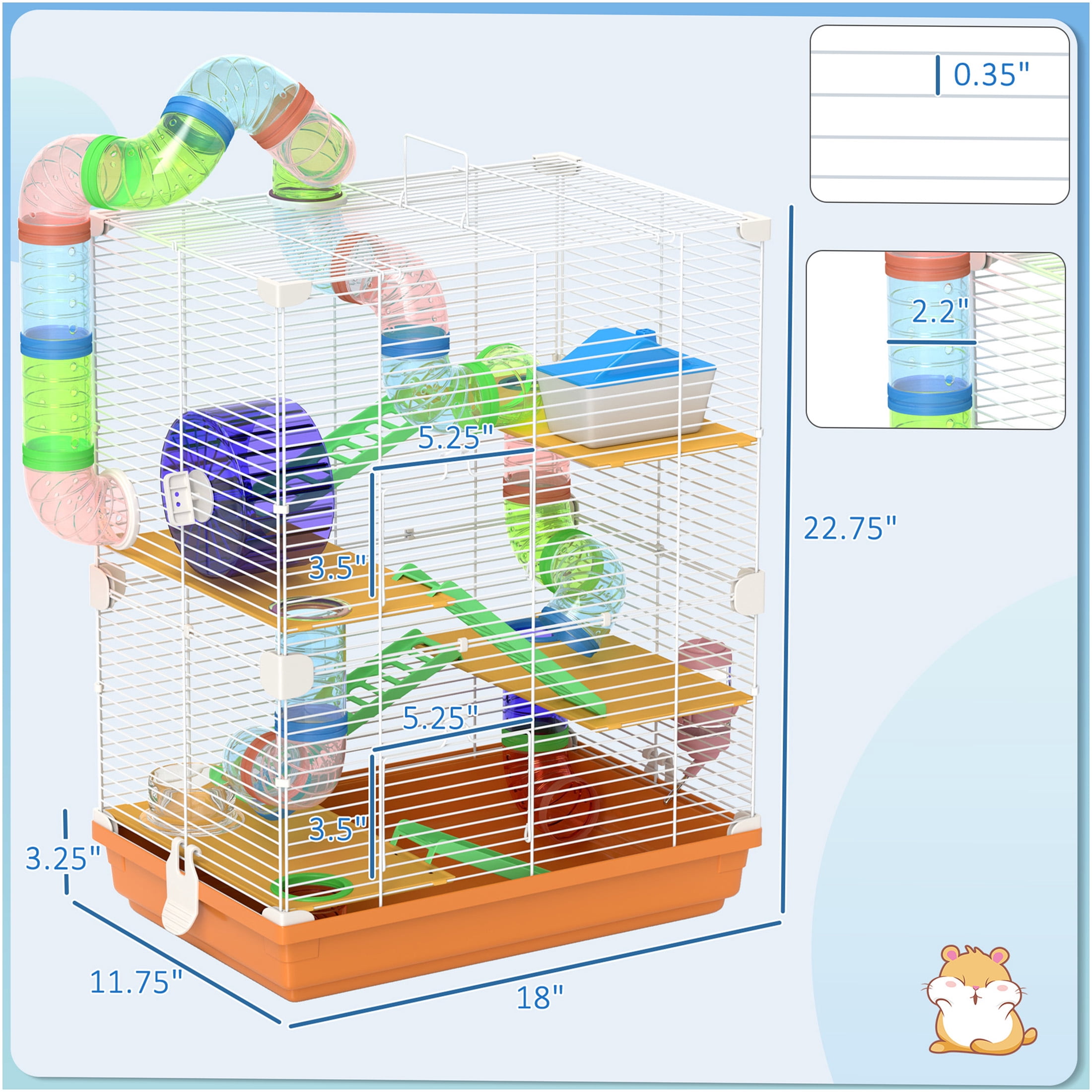 JERFIT 5-Tier Small Animal Cage with Tubes, Exercise Wheel, Water Bottle & Carry Handle, Metal Hamster Habitat for Gerbils, Orange