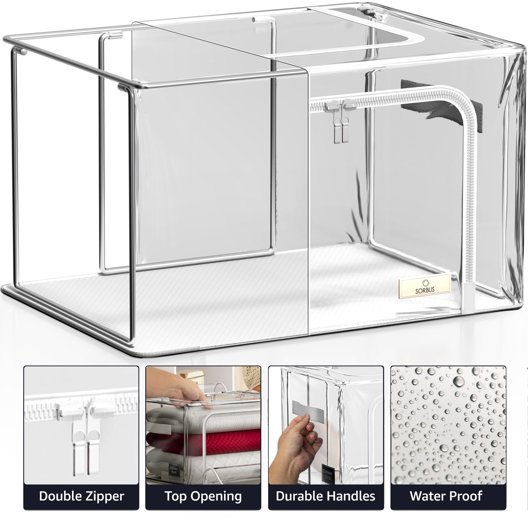 Sorbus Large Stackable Storage Bins, 4-Pack, Metal Frame, Clear Collapsible Design, Zipper Closure