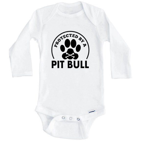 Protected By A Pit Bull Funny One Piece Baby Bodysuit (Long Sleeve), 0-3 Months White