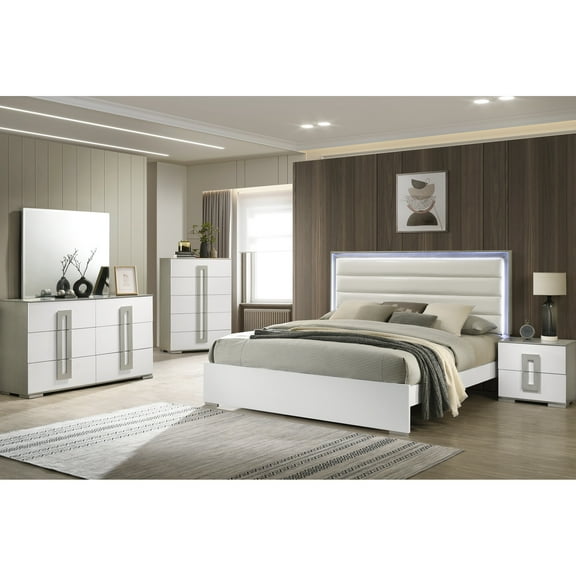 Queen Bedroom In Style - White, Led Headboard, Ample Dresser Storage White , Spacious Nightstand