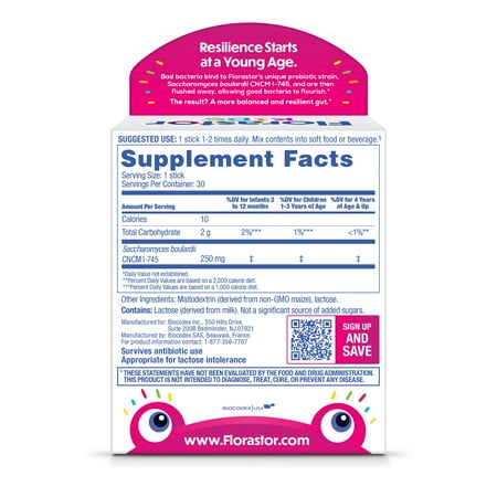 Florastor Kids Daily Probiotic Supplement, Saccharomyces Boulardii CNCM I-745, 30 Sticks