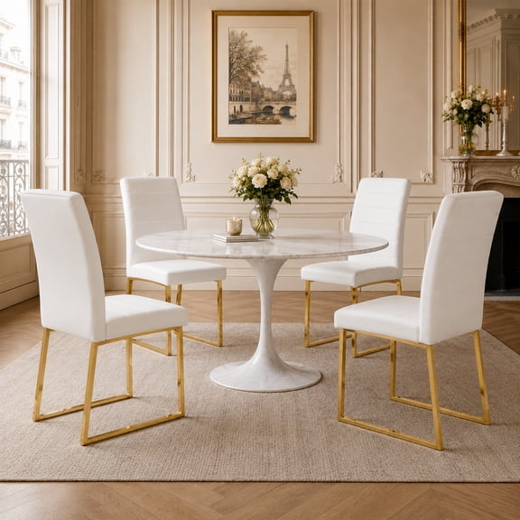 PureDashio Dining Chairs Set of 4, Faux Leather Upholstered Dining Side Chairs, Gold Metal Sled Legs, Ergonomic Padded Cushion, Modern Armless Dining Chairs for Dining Room Kitchen Home Office,White
