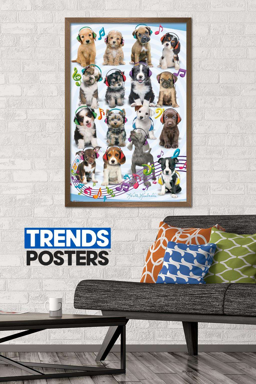 Keith Kimberlin - Puppies - Headphones Wall Poster, 22.375" x 34", Framed