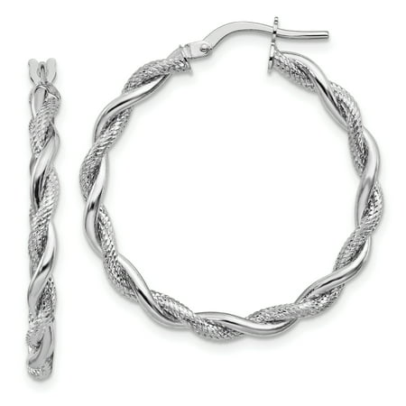 - 14k White Gold Large 3mm Polished & Diamond-cut Twisted Hoops
