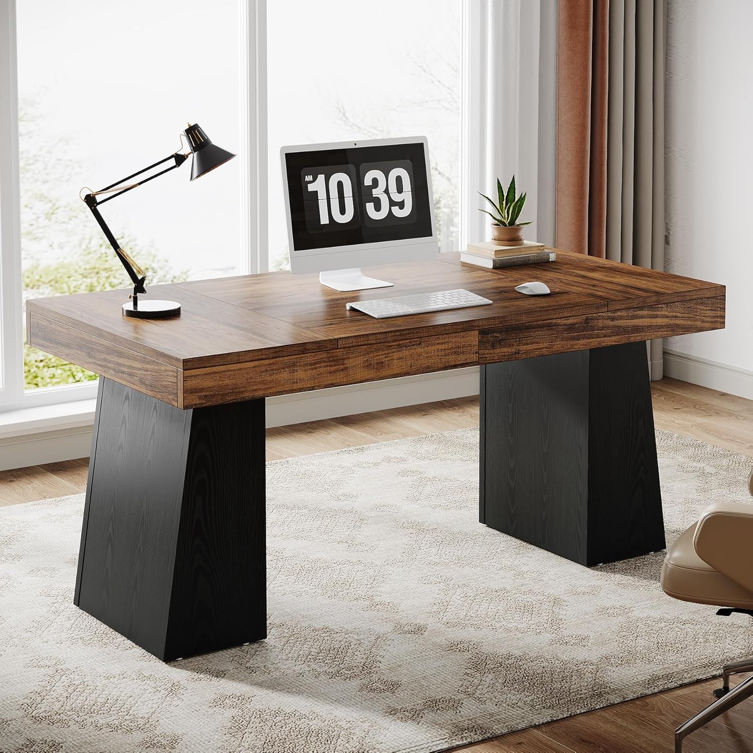 Tribesigns 55" Home Office Desk, Mid-Century Modern Executive Desk, Wood Computer Desk, Black & Brown