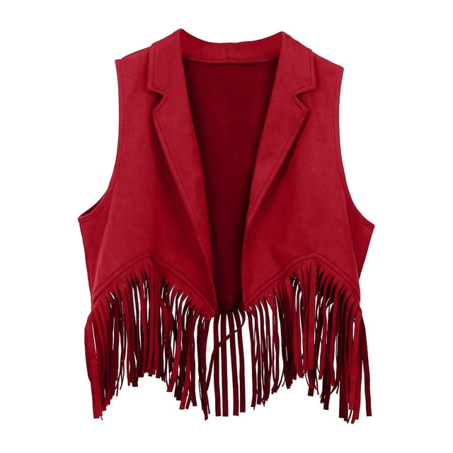 Wxirdiow Mode Filles Enfants Gilet Cowboy Western Garçons Filles Robe à Franges en Daim Rouge Taille, 3-4 Ans