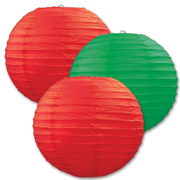 Beistle Club Pack of 18 Round Festive Red and Green Hanging Paper Lanterns 9.5"