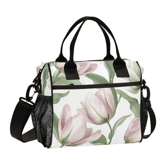 Ckdifva Pink Tulip Flowers Floral Cooler Bag Cooler Cooling Tote Lunch Bag Lunch Box Front Pocket with Shoulder Strap