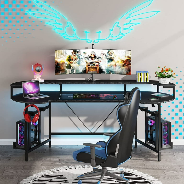 Tribesigns 75 inch Gaming Desk with Monitor Shelf, Large PC Computer Desk with LED Strip, Gamer Workstation for Home Bedroom, Black