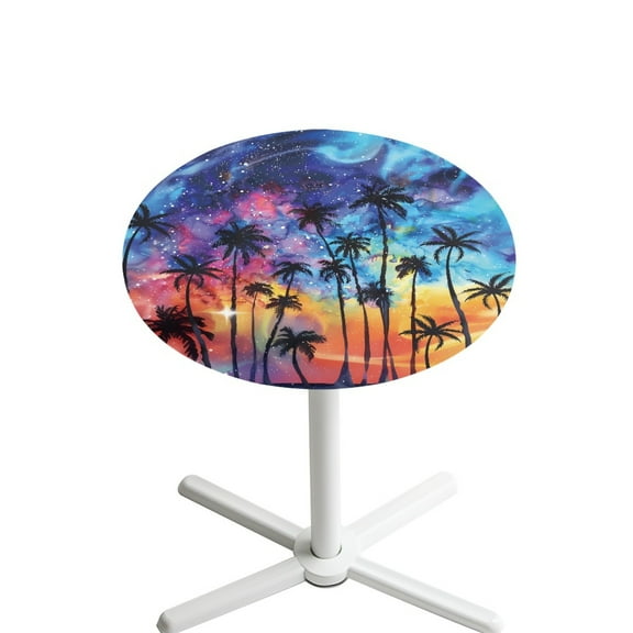 SEANATIVE Stretch Fitted Round Cocktail Tablecloth for 24 Inch Tables Washable Bar Table Top Cover with Elastic Edge Table Cloth for Indoor and Outdoor Gatherings, Colorful Starry Sky Palm Tree