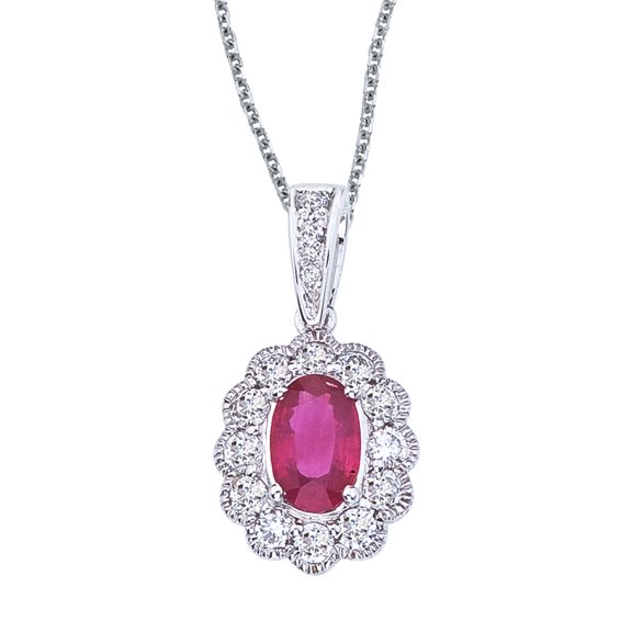 14k White Gold Ruby and Diamond Oval Pendant with 18" Chain