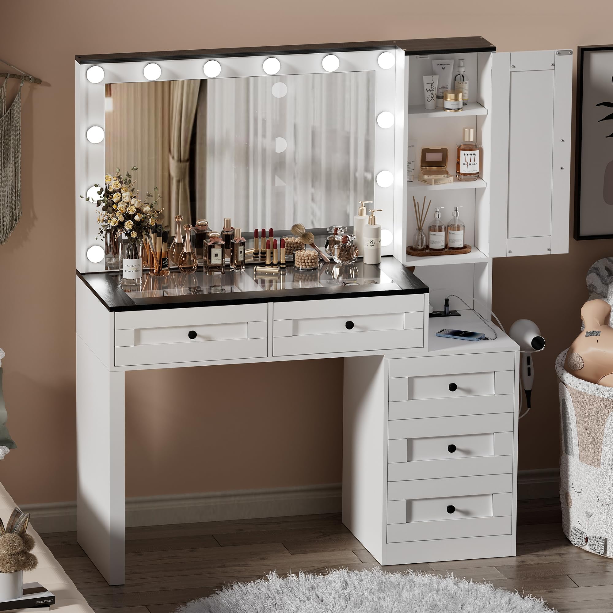 Large Makeup Vanity Desk with 9 LED Lights, Mirror, Liberia Ubuy