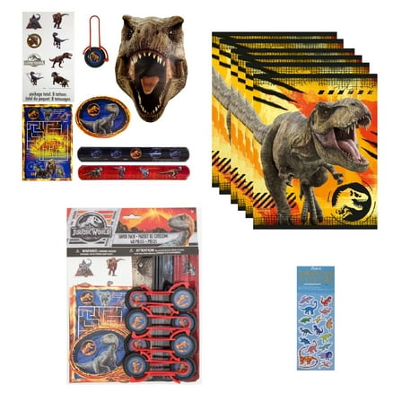 Jurassic World Party Supplies Bundle Pack Includes 8 Plastic Loot Bags, 48 Pc Favor Pack Includes 8 Sticker Sheets, 8 Tattoos, 8 Activity Sheets, 8 Slap Bracelets, 8 Paper Masks, 8 Disc Shooters