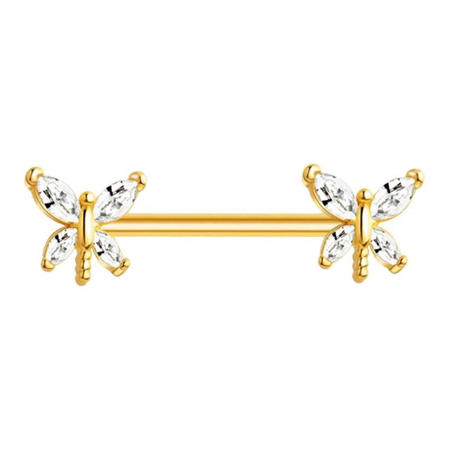 Piercing de mariposa con diamantes de imitación de 14 g, diseño moderno de acero inoxidable de 16 mm Oro